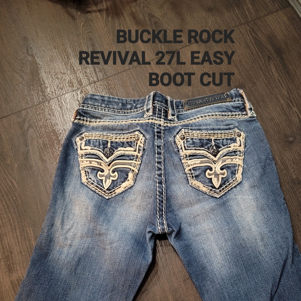 Buckle Rock Revival Blue Boot Cut Jeans with Cream Embroidery